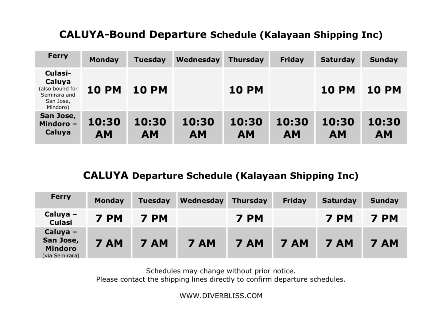 Kalayaan Shipping Inc schedule of ferry for Caluya, Antique as of September 2019