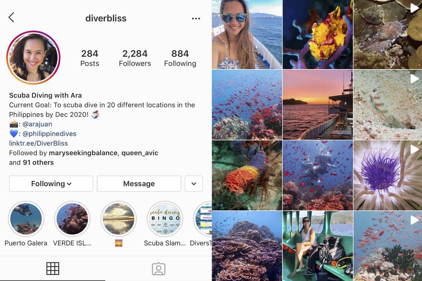 @diverbliss diving instagram account focuses on sustainable travels, scuba diving and marine conservation