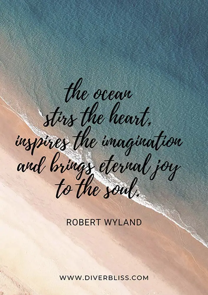 Ocean Quotes Poster: "The ocean stirs the heart, inspires the imagination and brings eternal joy to the soul"- Robert Wyland