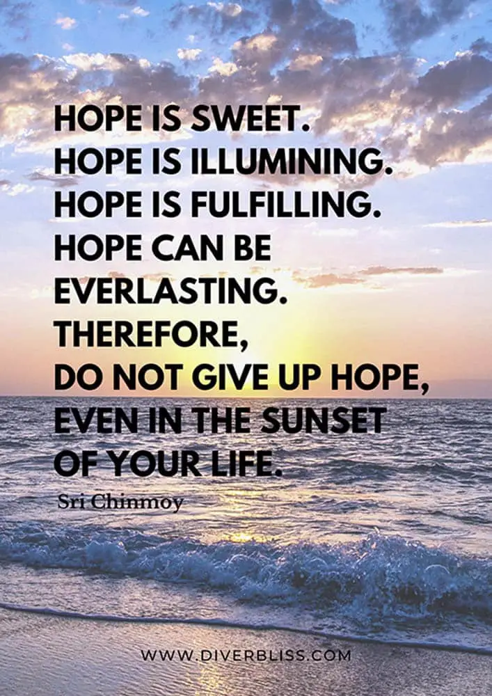 Sunset Quotes Poster: "Hope is sweet. Hope is illumining. Hope is fulfilling. Hope can be everlasting. Therefore, do not give up hope, Even in the sunset of your life."- Sri Chinmoy