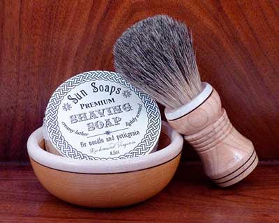 Shaving Soap in a maple two-tone shaving bowl and matching shaving brush by Sun Soaps LLC