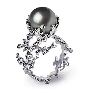 White gold CORAL Black Tahitian Pearl Ring Jewelry for divers by Arosha Taglia