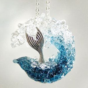 Blue Ocean Wave Glass with Silver Mermaid's Tail Necklace by Driftland