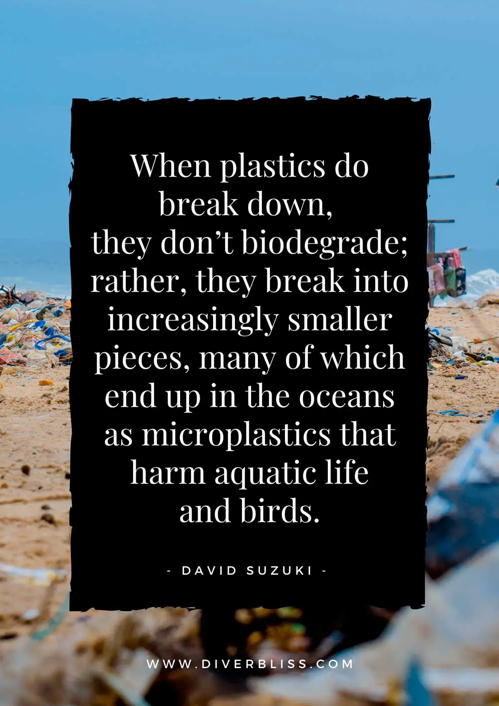 Ocean plastic quotes Poster: 12. "When plastics do break down, they don’t biodegrade; rather, they break into increasingly smaller pieces, many of which end up in the oceans as microplastics that harm aquatic life and birds.”– Dr. David Suzuki