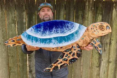 Ocean sea turtle wood burning resin art by Alabama Burning Art
