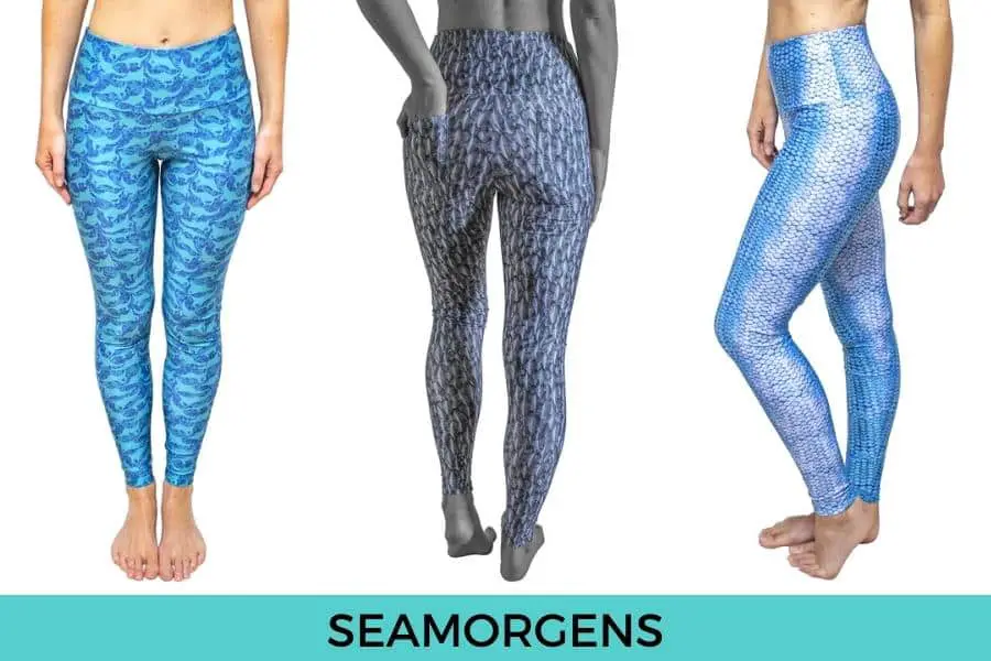 SeaMorgens scuba diving leggings, Featured SeaMorgens Leggings: Manta Silhouette Leggings, Shark Denticles Leggings, Blue Scales Leggings