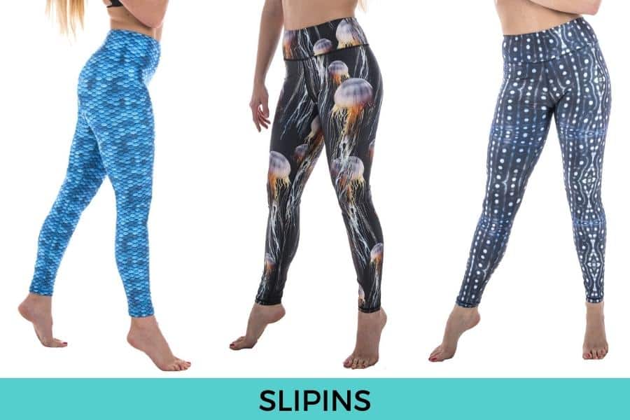 Slipins Sea Legs. Featured Slipins Scuba Leggings: Aqua Mermaid Sun Protective Leggings, Jammin Jellies Sun Protective Leggings, Whale Shark Sun Protective Leggings