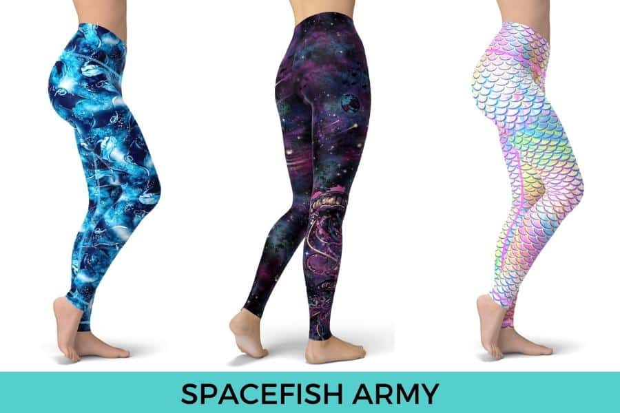 Spacefish Army Dive Leggings. Featured Spacefish Army Leggings: Manta Mayhem Leggings, Galaxy Jellyfish Leggings, Psychedelic Mermaid Leggings