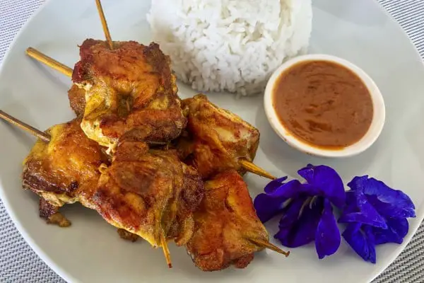 Chicken Satay with peanut sauce and rice