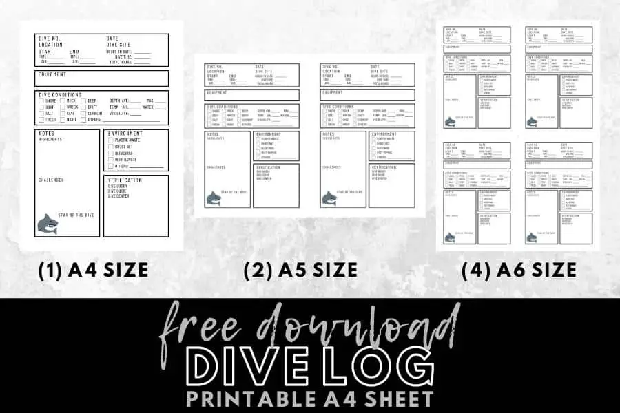 Free printable diving log sheet in black