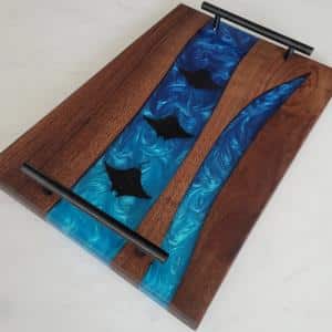 Walnut, Blue & Teal Epoxy River w/ Manta Ray Charcuterie Board from Coastal Wood ILM