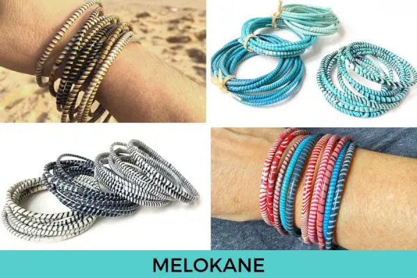 Featured Melokane African Bracelets from Recycled Plastic Flipflops: Beige tones african plastic flip flop bracelets, Turquoise colors African recycled flip flops bracelets, Black and white recycled plastic bracelets, Multicolored African plastic bracelets