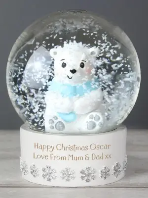Personalized polar bear glitter snow globe by Curly Mango Gifts